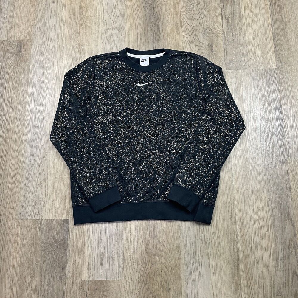 Nike Sweater Womens Medium Black Gold Speckle Crewneck Swoosh Pullover Athletic